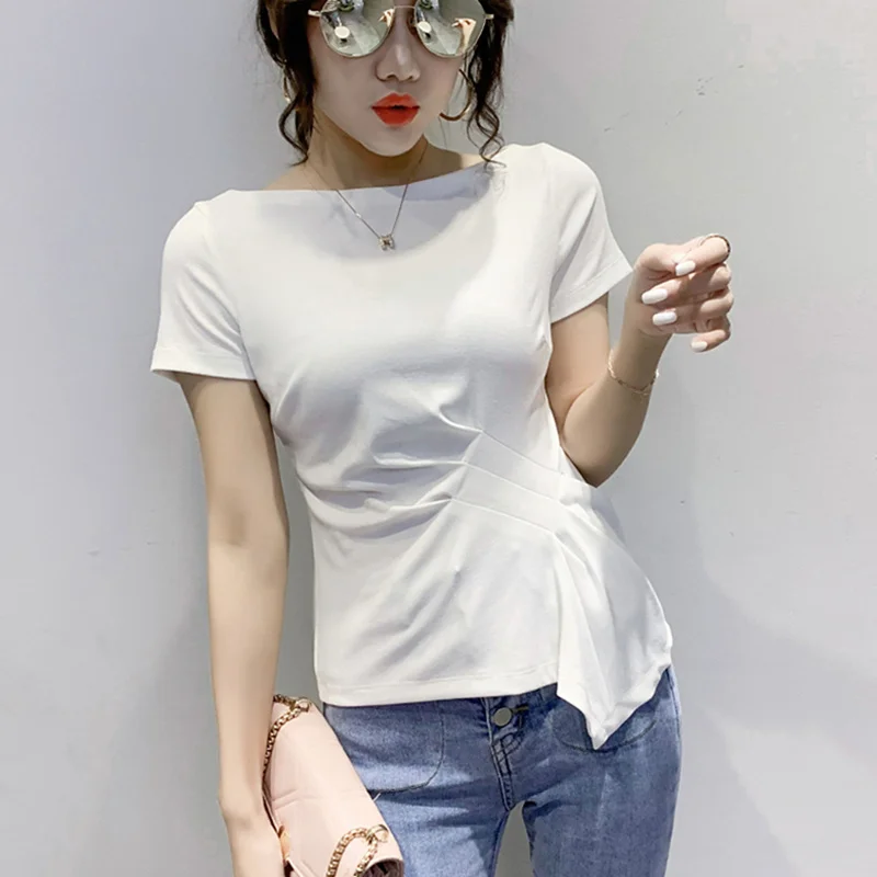 

#6010 Short T Shirt Women O Neck Casual Skinny T Shirt Female Short Sleeved Casual Irregular T Shirt Sexy Korean Style Summer