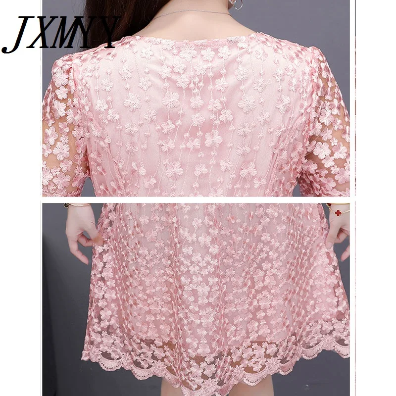 

JXMYY Fashion Boho Slim Lace Pink Floral Dress Women 2021 Summer Elegant Short-sleeve Retro Beach Holiday Party Dresses Vestidos