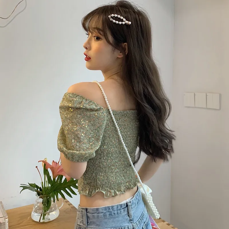 

Women's Fashion Small Floral Print V-Neck Sexy Sweet Short Sleeve Chiffon Shirt Blouse 2021 New