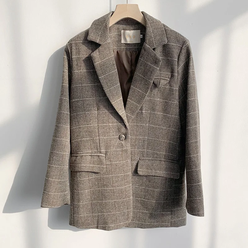 

SHENGPALAE Temperament Striped Blazer Women's Autumn 2021 New Notched Loose Single Button Long Sleeve Suit Jacket Female 5E1333