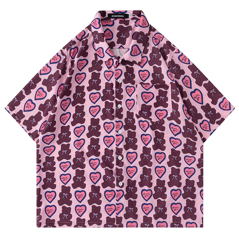 2021 Гавайские рубашки с милым принтом сердечек медведя Мужская Летняя