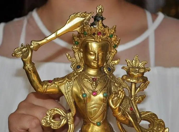 Тибетская бронзовая позолота инкрустация драгоценный камень Manjushri меч тара