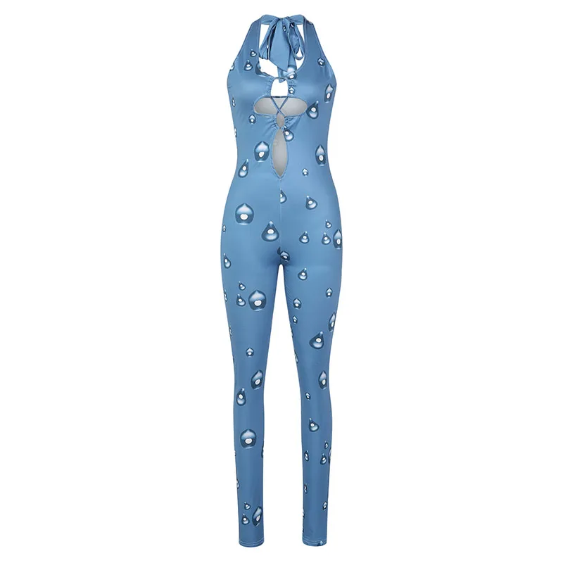 

Summer Ladies Sexy Sleeveless Jumpsuit Creative Water Drop Printing Tie Up Hollow Hanging Neck Backless Slim Siamese Trousers