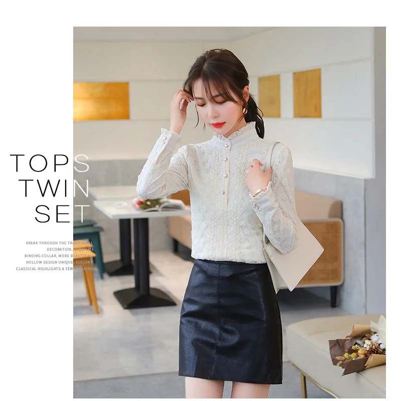 

Autumn Spring Women's Blouse Stand Collar Professional Elegant Solid Plus Velvet Lace Loose Shirt Long Sleeved Temperament Top