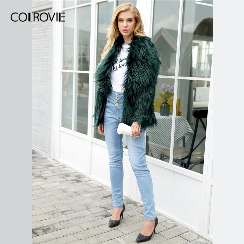 COLROVIE/однотонная верхняя одежда из искусственного меха; женские зеленые Элегантные Осенние пальто с открытым передом; модное пальто с воротником-водопадом; зимняя верхняя одежда