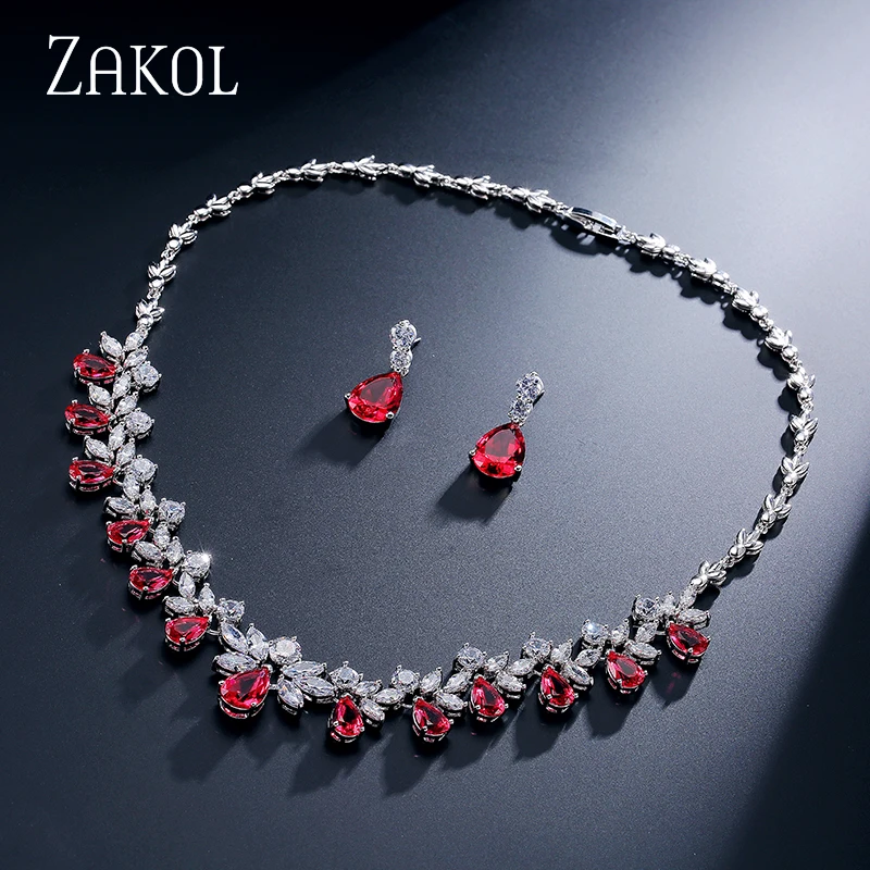 Red Бренд ZAKOL, сверкающий кубический цирконий, ювелирные наборы, модный цветок, Африка, набор для элегантных женщин, свадебное платье FSSP170 - Окраска металла: Red