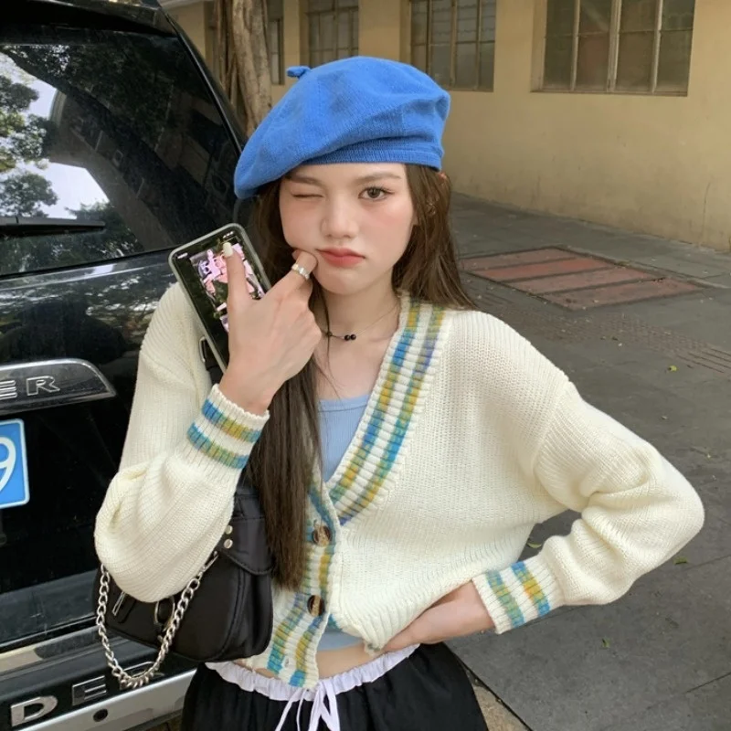 

Модный повседневный модный Свободный вязаный кардиган с V-образным вырезом в Корейском стиле для девушек, 2021