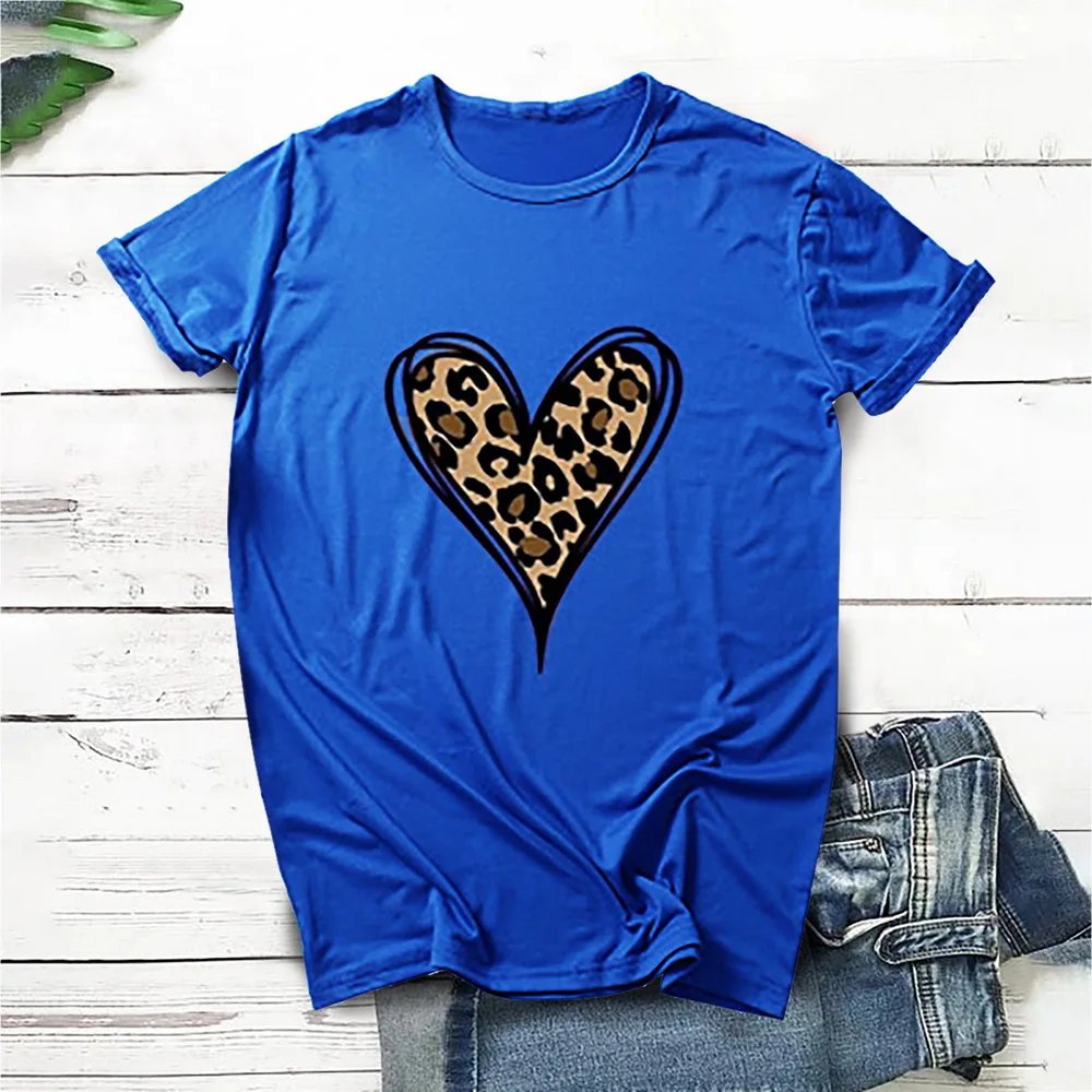 

Female T Shirts Fashion Leopard Heart Print Tee Tops Summer T Shirt Women Short Sleeve Round Neck Tshirt Woman Clothes