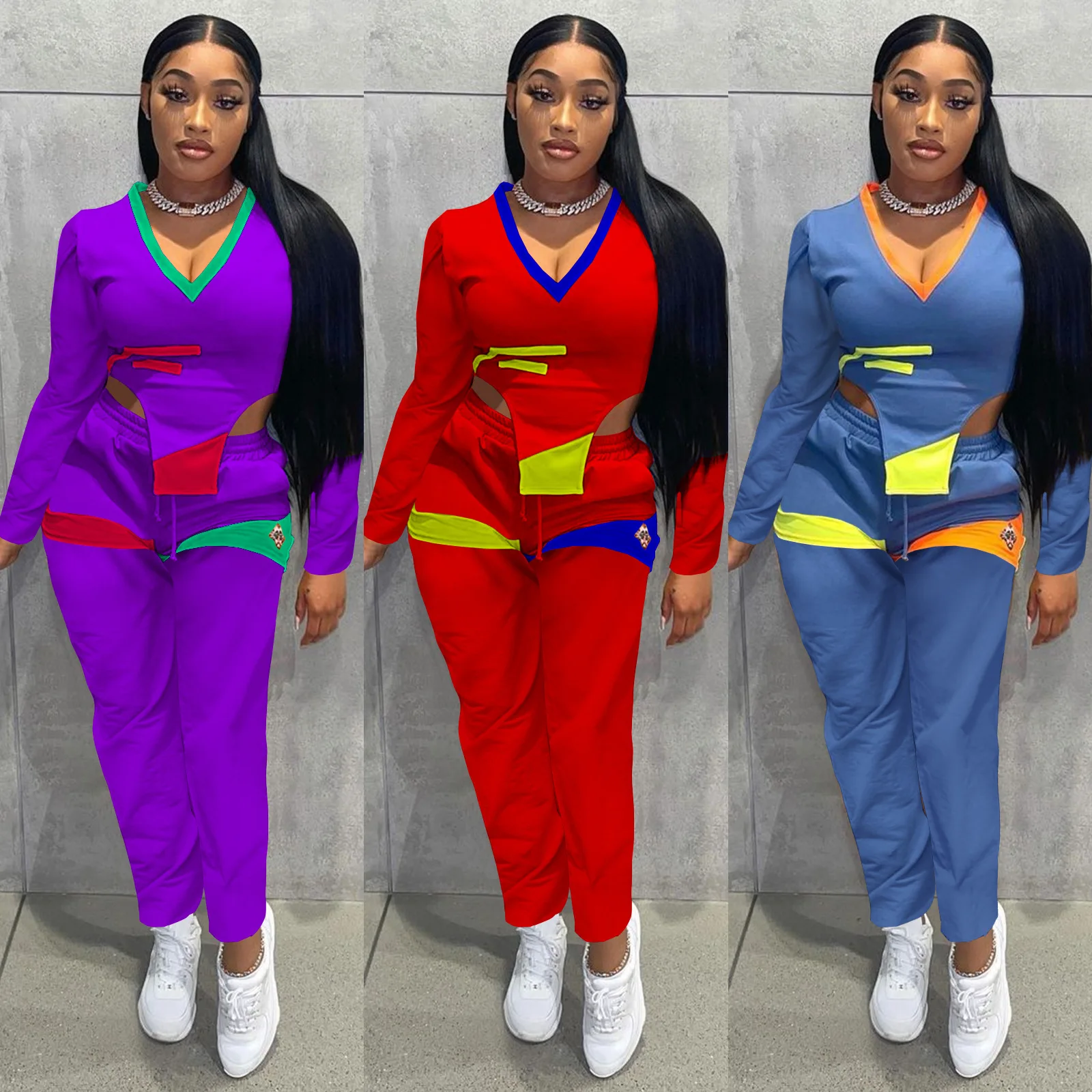 

Autumn Two Piece Set Fashion Women V-Neck Print Irregular Long Sleeve Crop Top Sweatpants Matching Set Sexy Streetwear Tracksuit