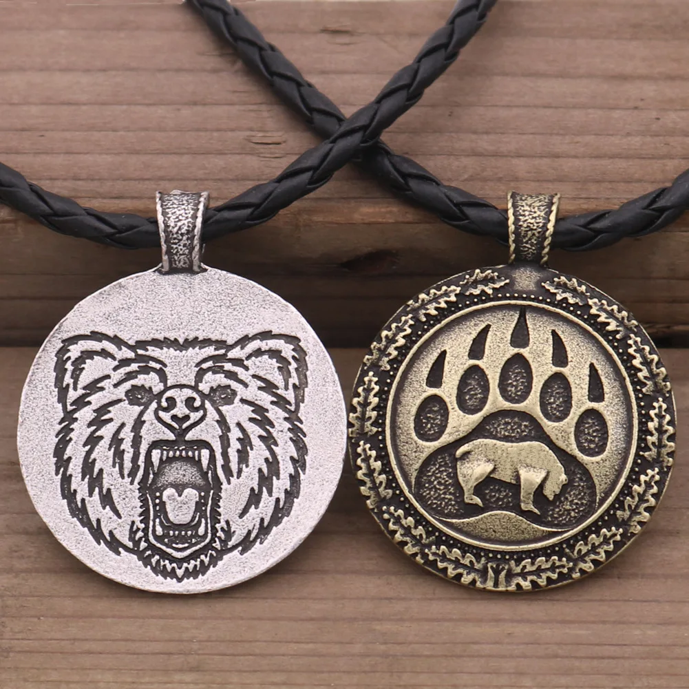 Viking Jewelry Cute Grizzly Bear Necklace round bear claw charm men's Pendant |