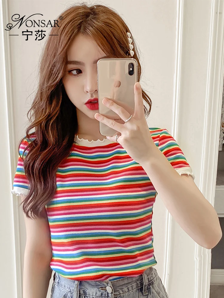 Женская футболка в полоску Ningsha Приталенная с круглым вырезом и коротким рукавом