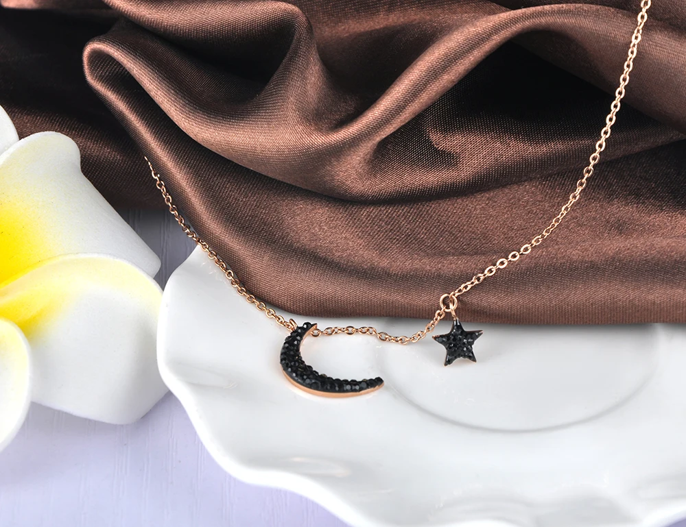 ZooMango Fashion Black Rhinestones Star &amp Moon Charm Necklaces Stainless Steel Rose Gold Pendants Necklace For Women ZN18238 | Украшения
