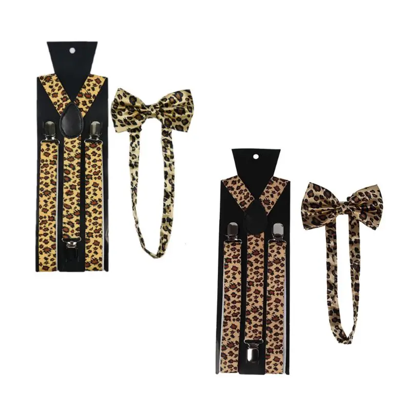 Комплект с галстуком-бабочкой для мужчин и женщин, широкие регулируемые подтяжки с леопардовым принтом в виде животных, 3 клипсы, Y-образный ...