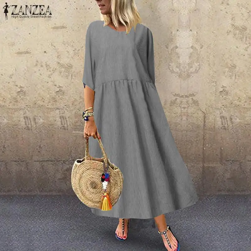 ZANZEA размера плюс Полосатое Платье женское повседневное длинное макси Vestidos винтажное летнее платье с круглым вырезом хлопковое льняное платье 5XL
