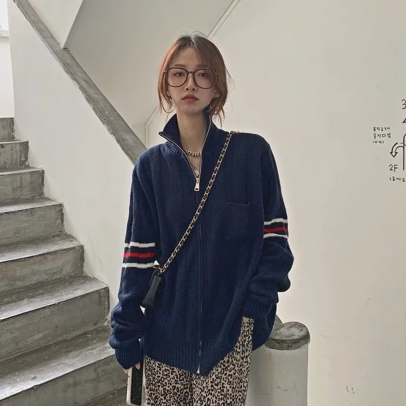 

Женский трикотажный кардиган на молнии, тонкий свитер с длинным рукавом, свободного покроя, в винтажном стиле, Осень-зима 2021