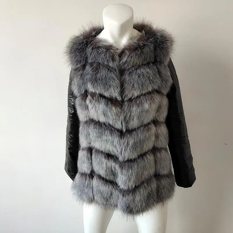silver fox Зима, Новое поступление, теплая женская шуба из искусственного лисьего меха с полиуретановым рукавом, высокая имитация лисьего меха, куртка, черная меховая верхняя одежда - Цвет: silver fox