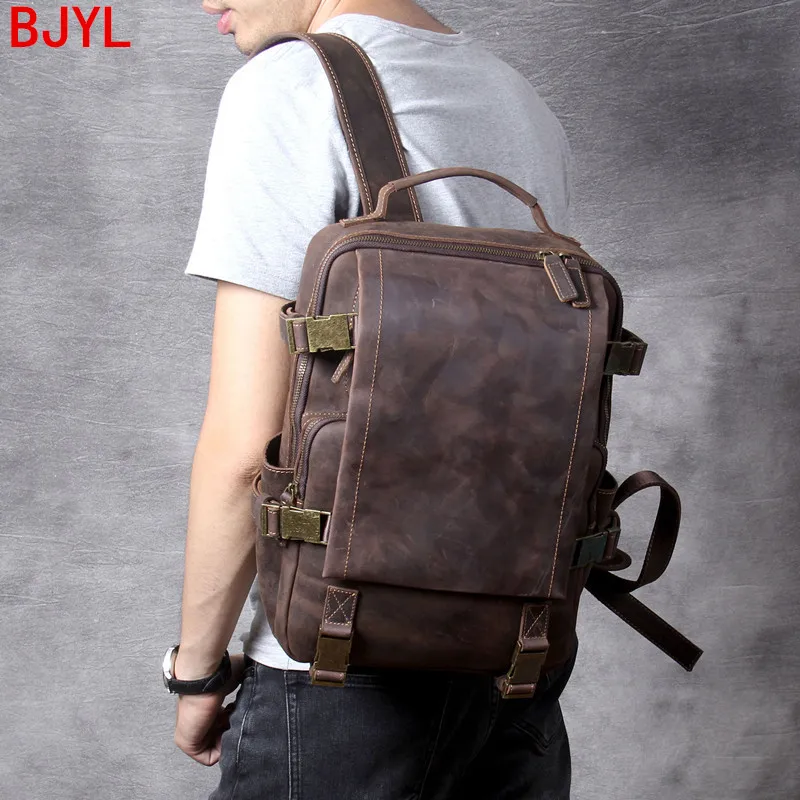 

Винтажный кожаный мужской рюкзак, школьный ранец на плечо для ноутбука, мужские дорожные рюкзаки, 2020 оригинальный однотонный кожаный портф...