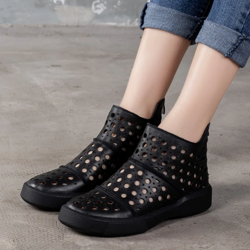 Женские кожаные ботинки Черная повседневная обувь для женщин летние ботильоны