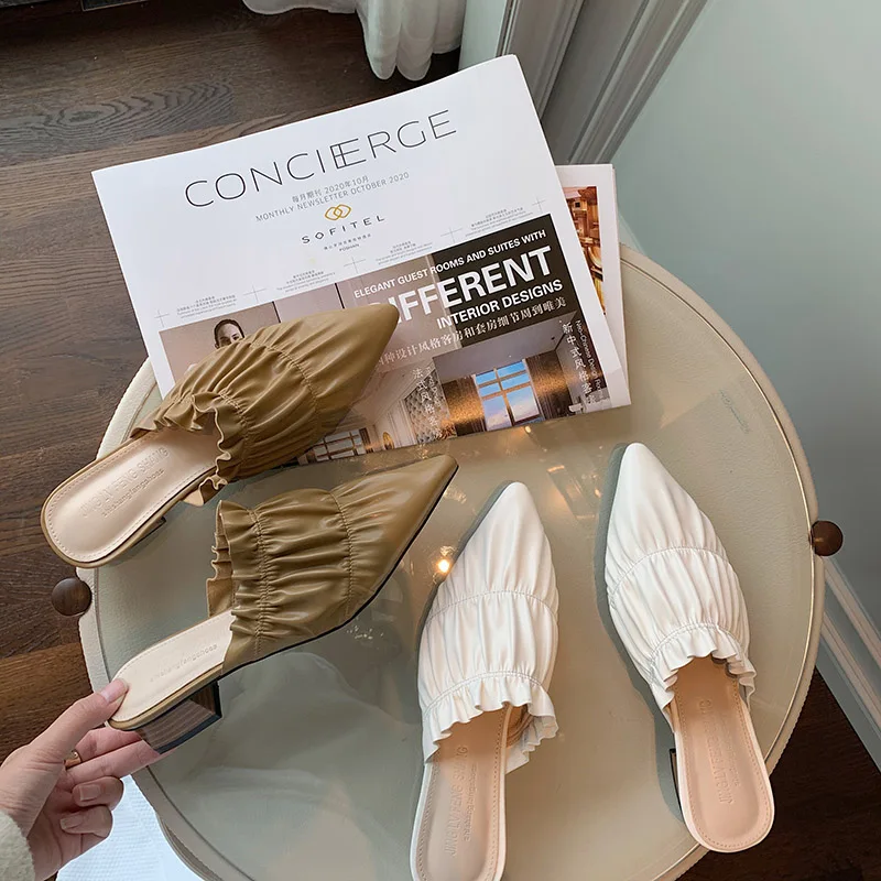 

2021 spring deep mouth fashion wrinkled thick heel four seasons one-step slippers mid-heel pointed comfortable women's slippers