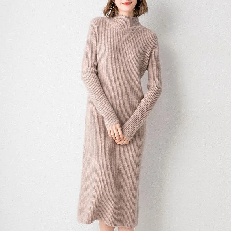 

New Style Long Sleeve Sweater Dress Thick Warm Spring And Autumn Dress Chic Women'S High Neck Short Mini Knitted Pullover Dress