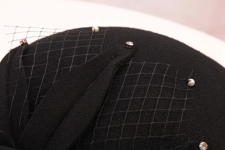 Fibonacci New Fashion Women Beret Fedoras Floral Wool Felt Hat Pearl Mesh Dinner Party Autumn Winter Hats Cap
