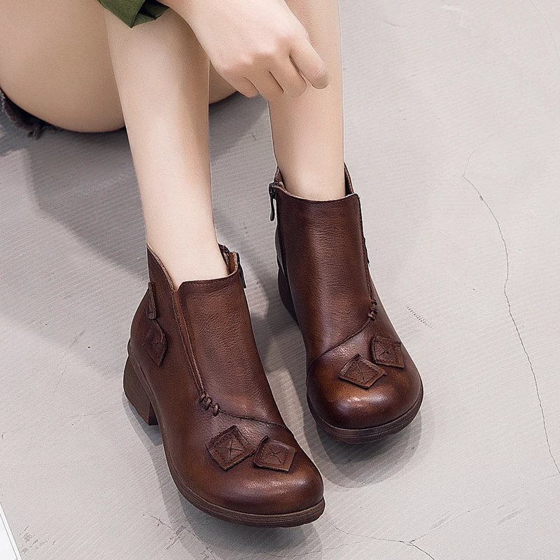 

BEYARNE Genuine Leather Shoes Women Boots 2020 Autumn Winter Vintage Handmade Ankle Boots Soft Dress Heels Shoes Woman