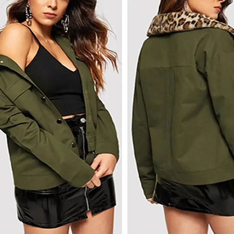 

Autumn Winter Green Jacket Fashion Solid Jacket Single Breasted Leopard Turn-Down-Collar Outerwear Casual Coat Women Streetwear
