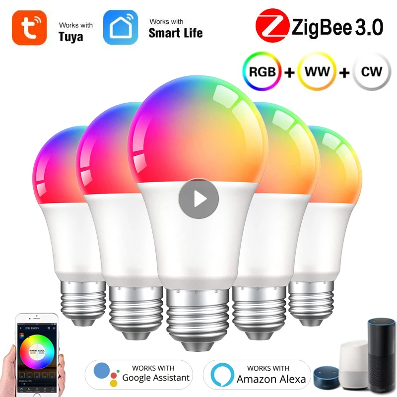 

1-5PCS 110V 220V Zigbee3.0 E27 RGBW LED Bulb Lights 9W RGB Lampada Changeable Colorful RGBCW LED Lamp With Alexa Google Home
