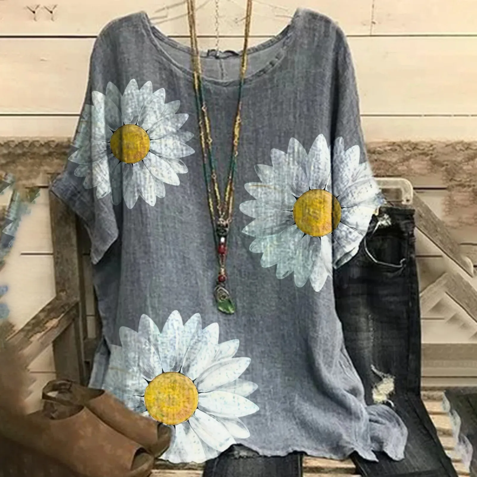 

Romantic flower grass Style Gray series Print Women T Shirt Short Sleeve O Neck Loose Women Tshirt Ladies Fashion Tee Shirt Tops
