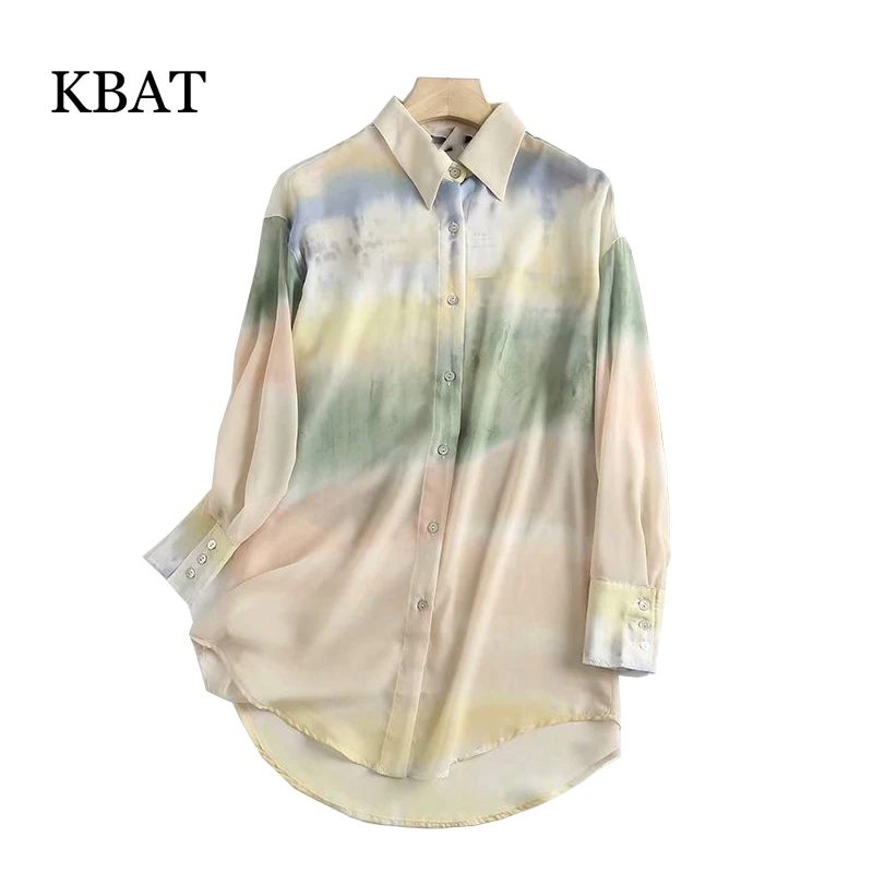 

KBAT 2021 Tie Dye Women's Shirt Summer Loose Long Sleeve Top Woman Clothing Vintage Blouses Casual Top Female Shirt