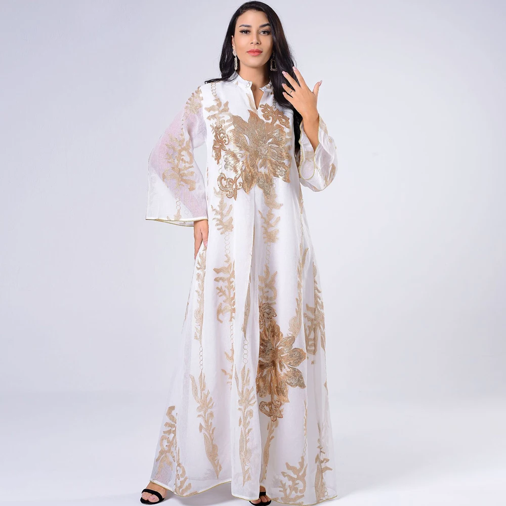 

AB056 Maxi Dress Golden Sequins Embroidery Gauze White Abaya Woman Muslim Female Jalabiya Arabic Elegant Clothing Long Sleeves