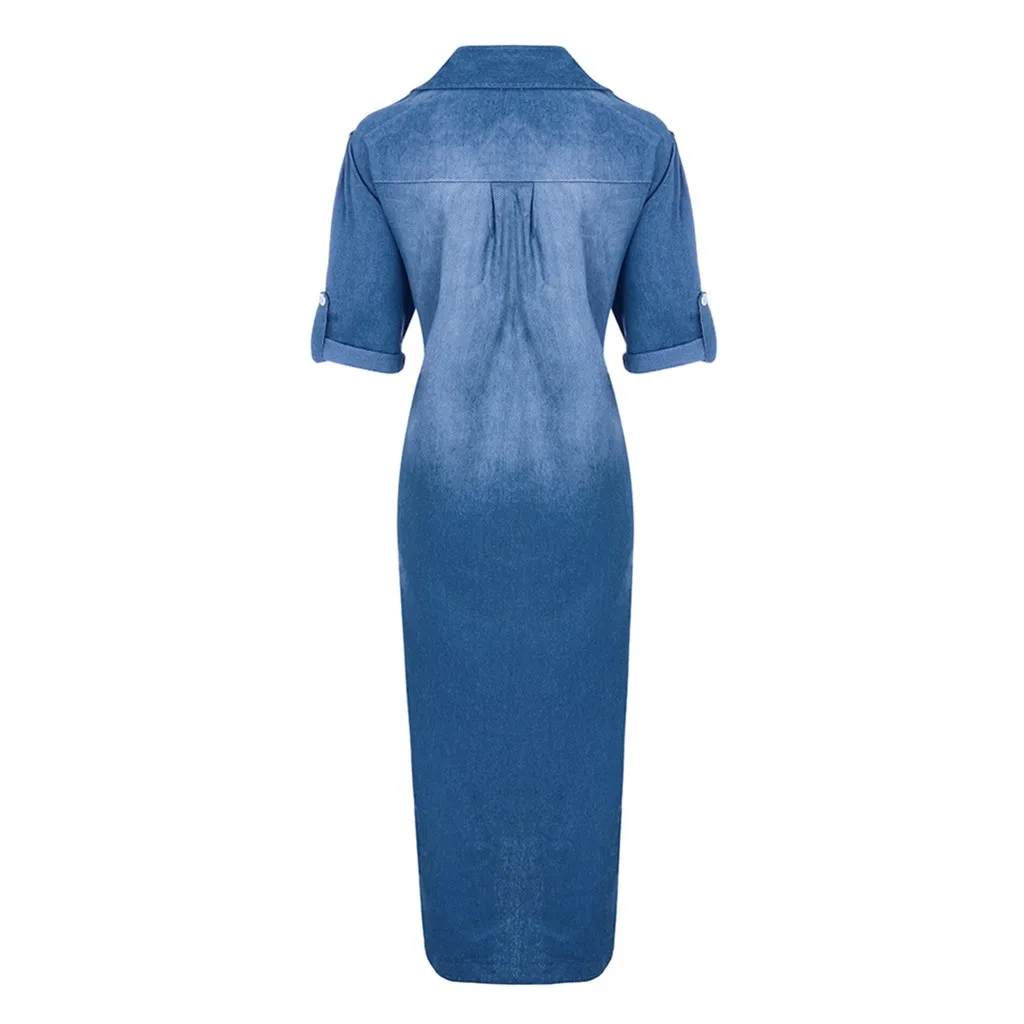 

Denim Dress 2021 NEW For Women Plus Size Summer Lmitation Cowboy Short Sleeve Fashion Sexy V-Neck Split Solid Print Long Dress
