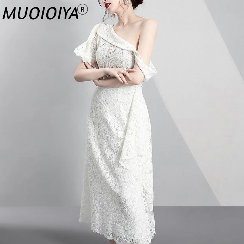 

Sexy Elegant High Quality Lace Dress Women One Shoulder White Party Vestidos Female Office Ladies Ruffle Embroidery Long Dresses