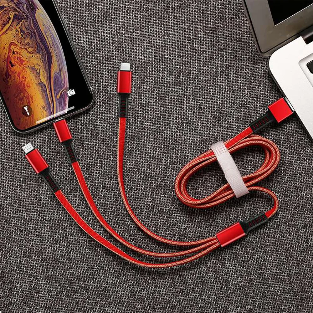USB кабель для iPhone XS X 8 7 6 Быстрая Зарядка Кабели нейлон 3 в 1 мульти Тип C Micro USB кабель для передачи данных для samsung зарядное устройство Шнур