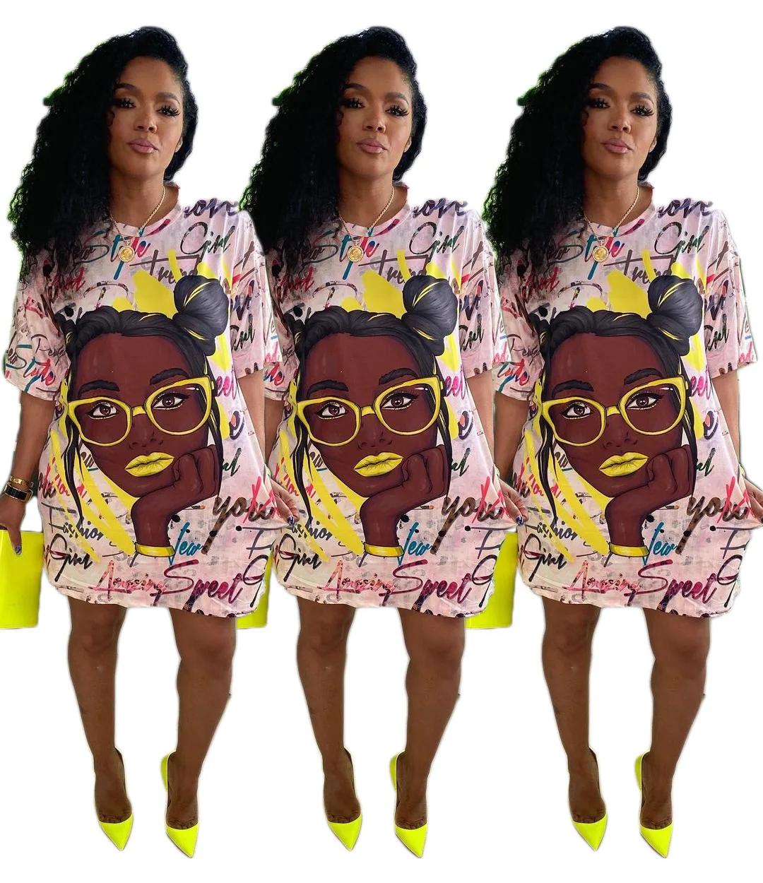 

В стиле «граффити» и принтом с героями из мультфильма футболка женское платье с О-образным вырезом с коротким рукавом Мини платье уличная С...