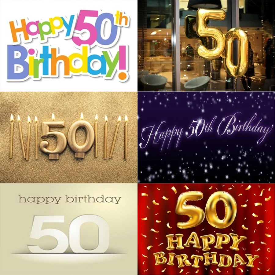 

Photo Studio Props Vinyl Photography Backdrop Fifty Year Old Birthday Balloon Ribbons Cake 50St Birthday Party Decoration