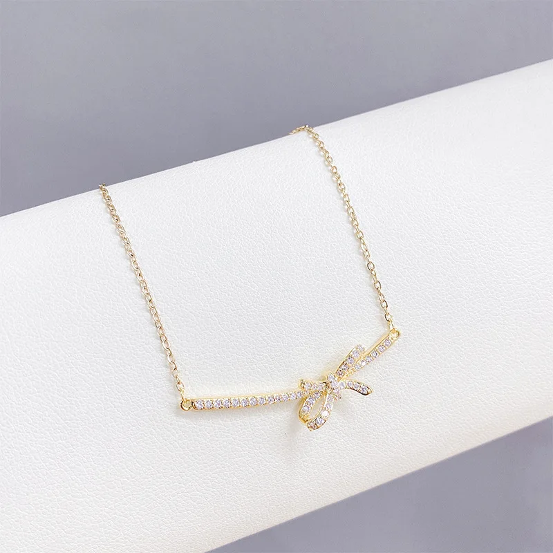 

14k Real Gold Plated Cute Knot Necklace Shining Bling AAA Zircon Women Clavicle Chain Elegant Charm Wedding Pendant Jewelry