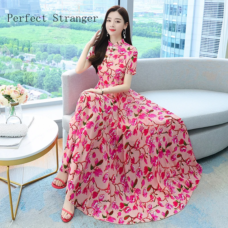 

High Quality 2021 Summer Dress For Women Cheongsam Style Stand Collar Floral Printed Short Sleeve Women Chiffon Long Dress