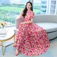 high quality 2021 summer dress for women cheongsam style stand collar floral printed short sleeve women chiffon long dress