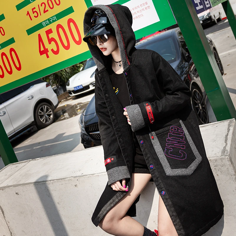 Женское джинсовое пальто Max LuLu Черное длинное с капюшоном в Корейском стиле