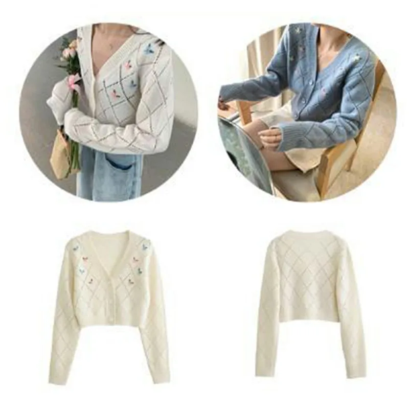 2022 Spring Korean Women Sweater Small Flower Embroidery Knitted Coat Loose Retro V-neck Cute White Sweater Cardigan Blouse Top images - 6