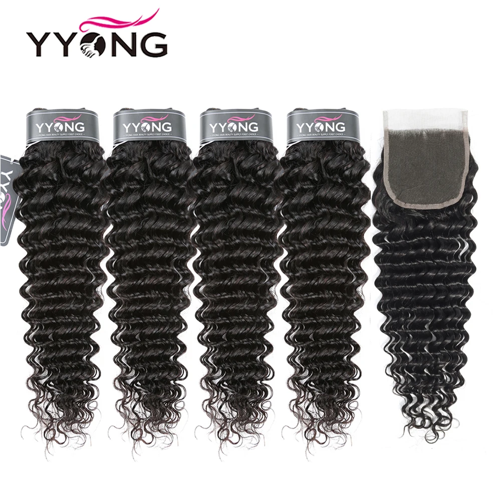 

Yyong Hair 3/4 Brazilian Deep Wave Bundles With Closure 100% Remy Human Hair Weave Bundles With 4x4 Lace Closure Can Be Dyed