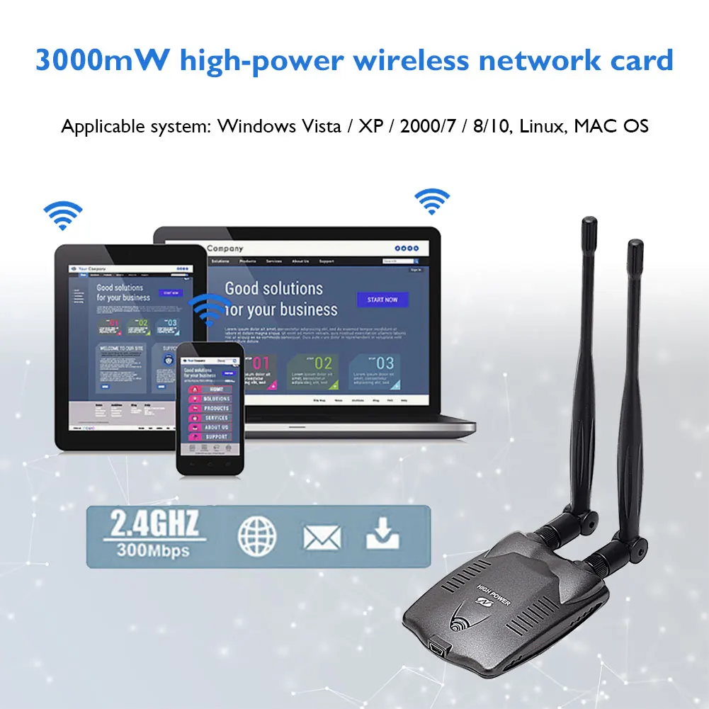 

300Mbps Wireless Network Card Dongle 2.4GHz 5.8GHz WiFi External Receiver Adapter with USB 2.0 Interface Networking Parts