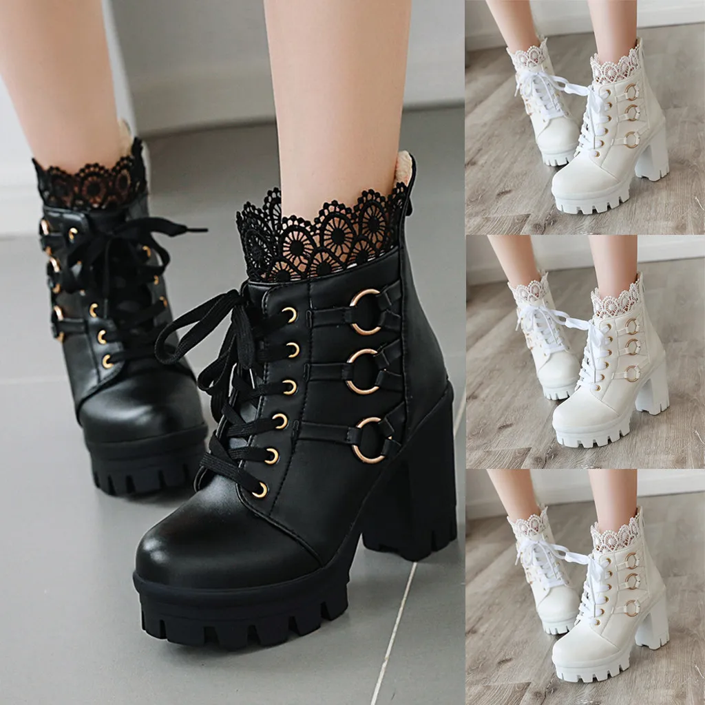 Fashion Winter Lace Pure Color High-Heeled Women Ankle Boots Party Shoes women Platform Keep Warm genuine leather Snow boots | Обувь