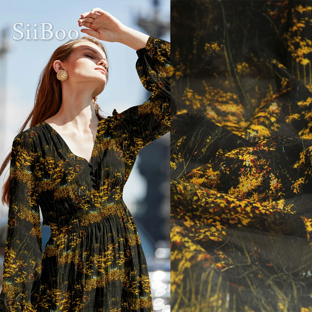 

French luxurious floral printed 13mm 100% pure silk georgette crepe fabric for women evening dress suit set telas tissus SP6007