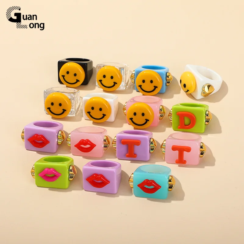 New Colorful Round Smiley Cute Irregular Transparent Resin Acrylic Thick Rings For Women And Girls Jewelry Gifts wholesale