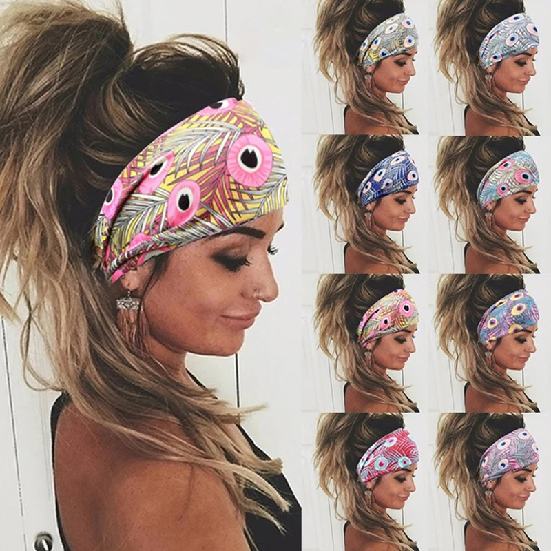 

8Styles Women Peacock Print Hairband Sport Stretchy Sweat-absorbent Headband Quick Dry Breathable Yoga Running Chic Hair Jewelry