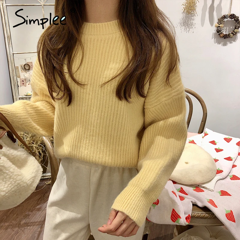 Simplee Autumn winter women's purple sweater Casual simple fashion knitted pullover Pink drop shoulder sleeve o-neck | Женская