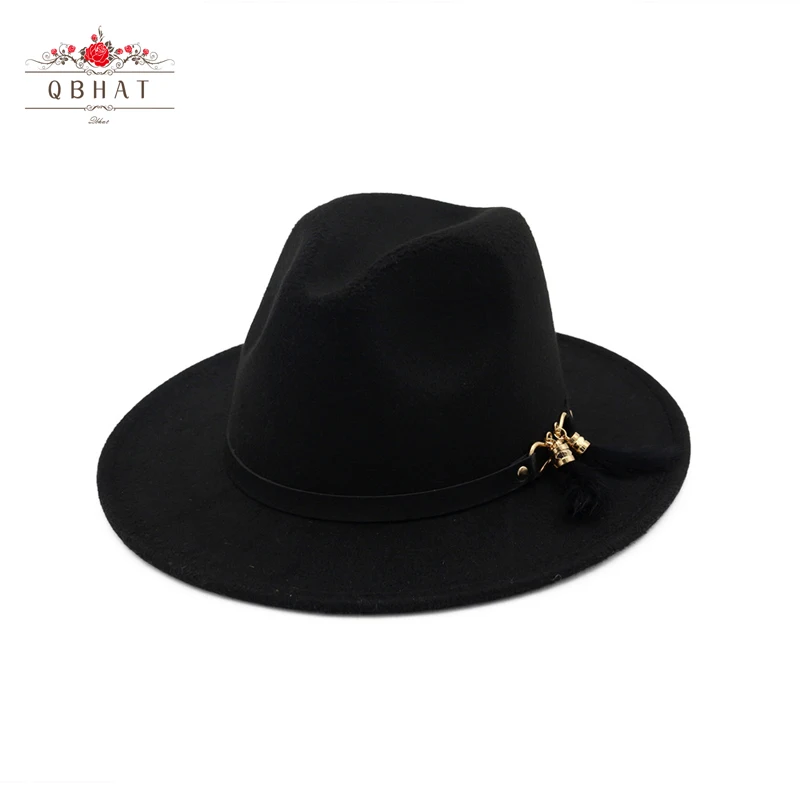 QBHAT унисекс Pannama шерстяные фетровые шляпы с перьями украшенные бахромой для