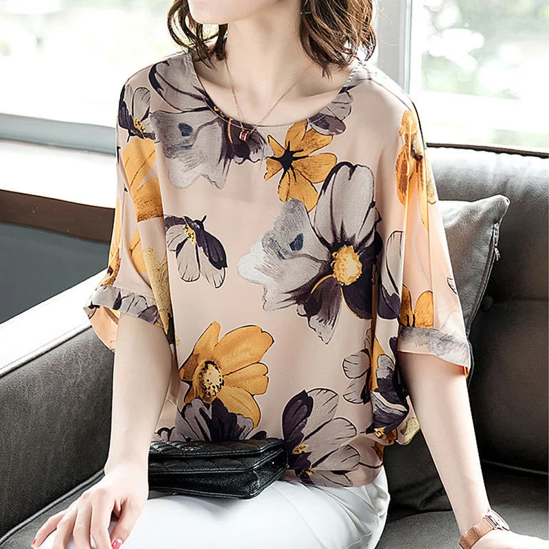 

Women Summer Style Chiffon Blouses Shirts Lady Casual Half Sleeve Flower Printed Blusas Tops 2021
